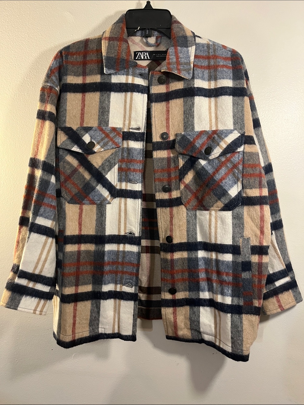 Zara Plaid Shacket Jacket in Beige, Navy & Rust
